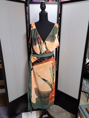 Floral Wrap Midi Dress in Peach and Green